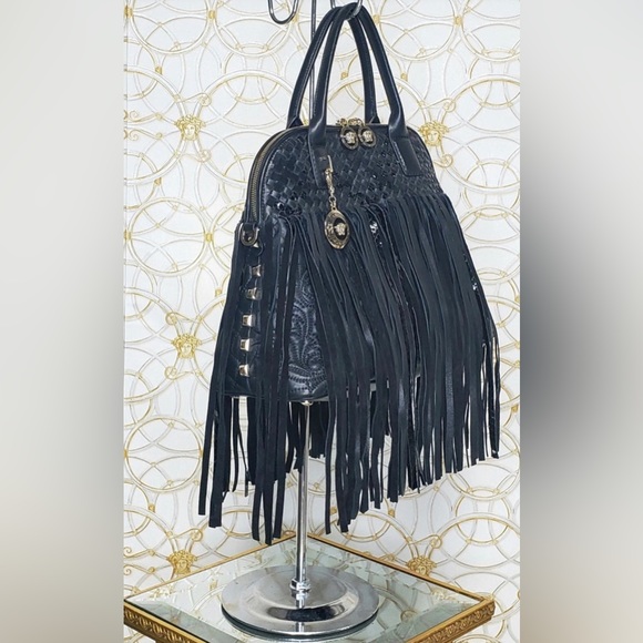 VERSACE FRINGED BLACK LEATHER HANDBAG NWT - Picture 6 of 10